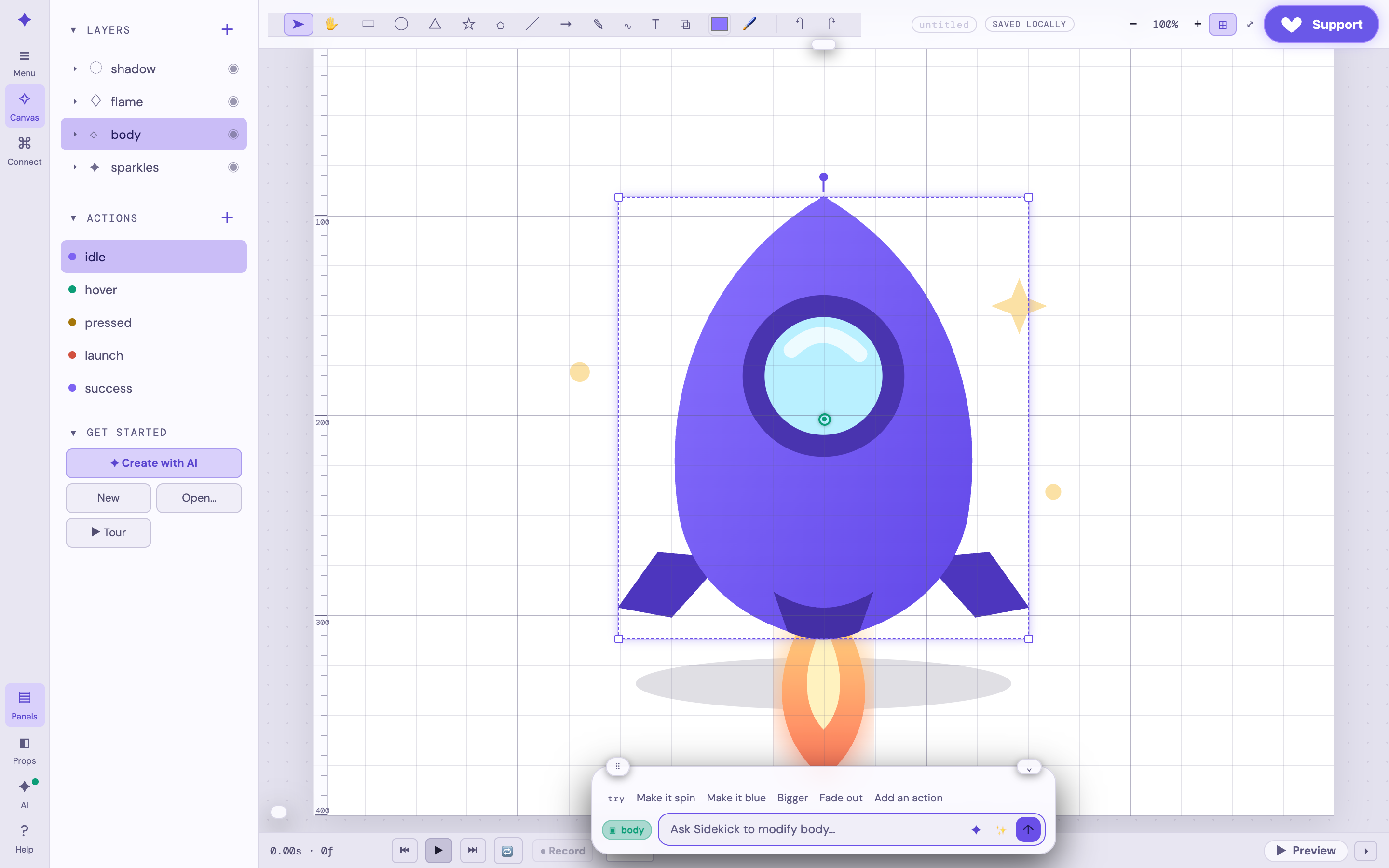 SVGMotion Vector Editor with a rocket scene open